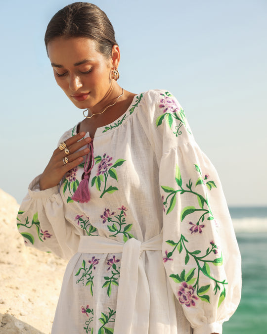 White Purple Floral Embroidered Linen Kaftan Maxi Dress
