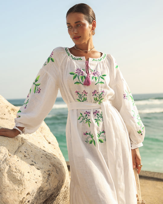 White Purple Floral Embroidered Linen Kaftan Maxi Dress
