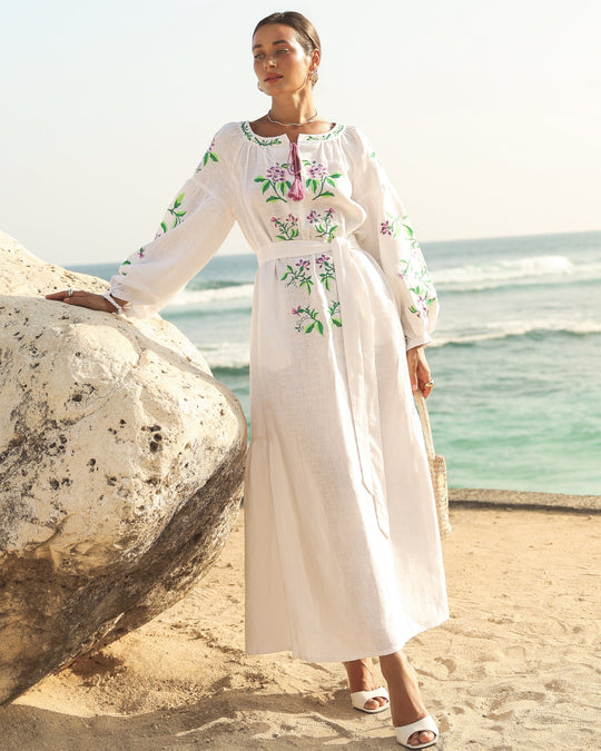 White Purple Floral Embroidered Linen Kaftan Maxi Dress