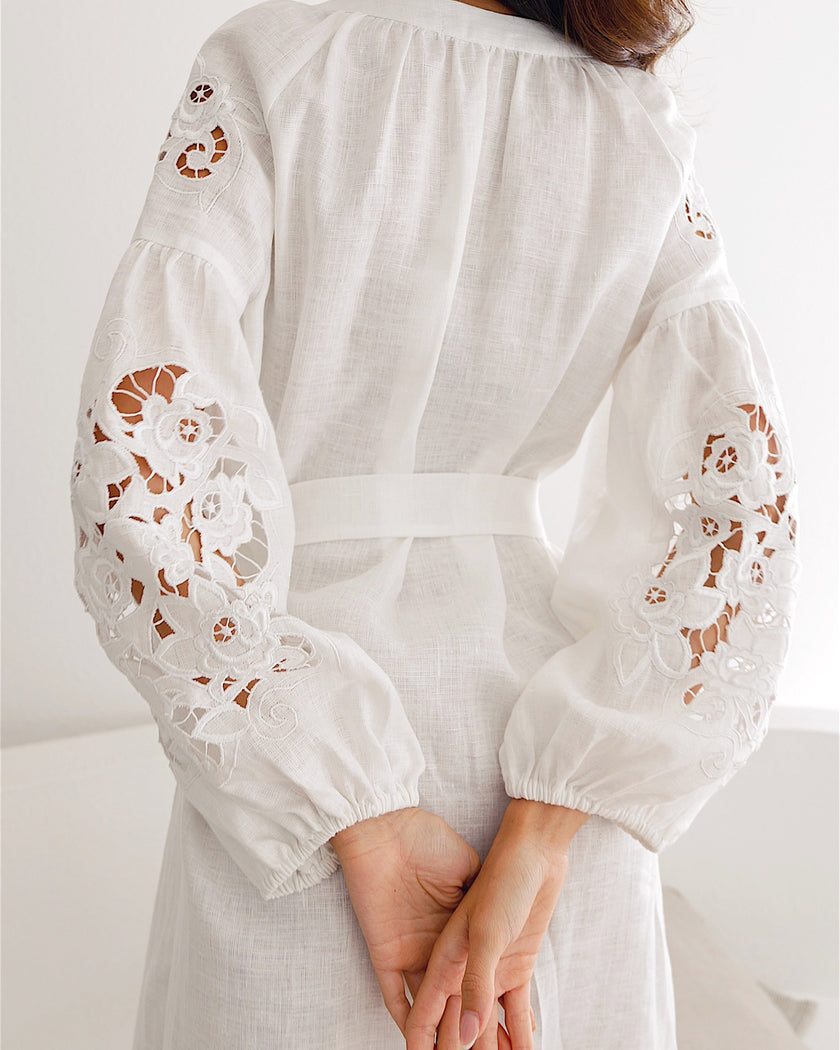 White Hand Cut Embroidered Linen Maxi Dress | ZALXNDRA
