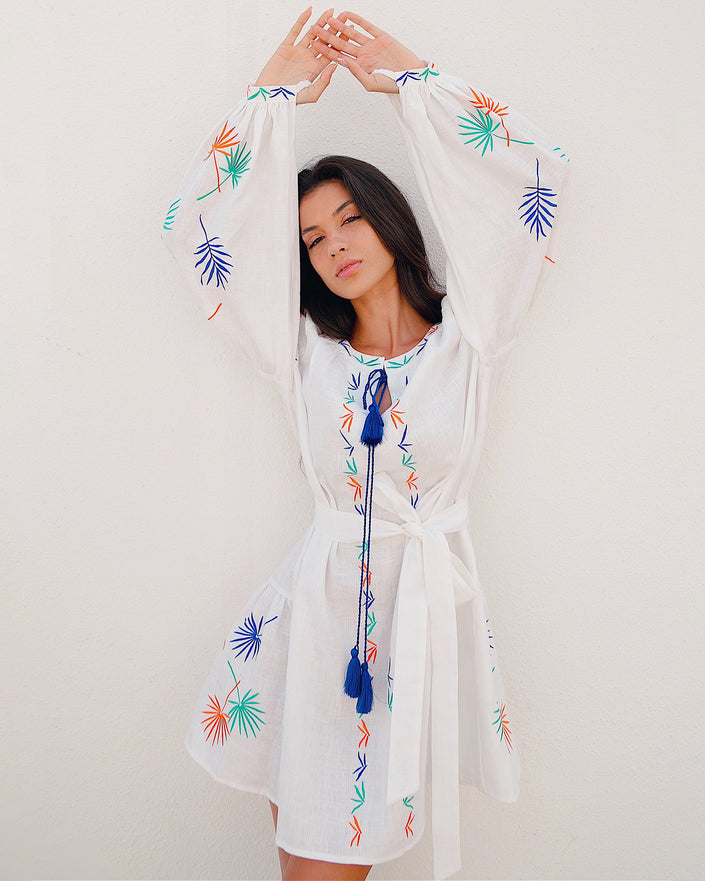 White Embroidered Linen Mini Dress | ZALXNDRA