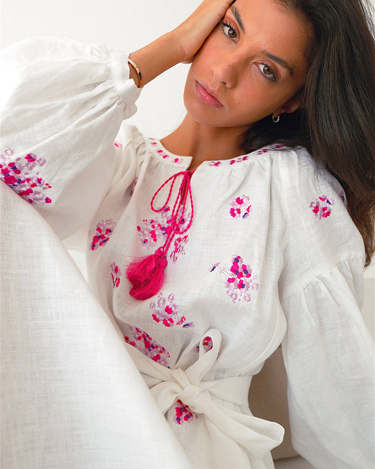 White Pink Floral Embroidered Linen Kaftan Maxi Dress