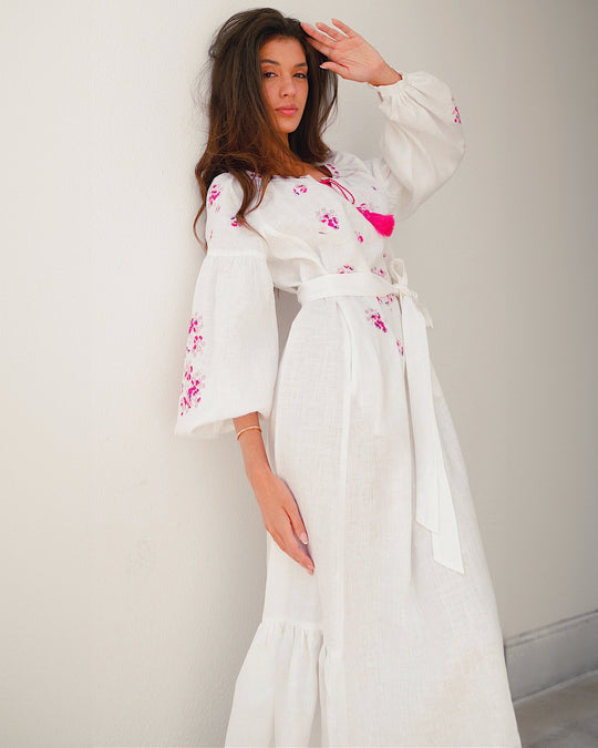 White Pink Floral Embroidered Linen Kaftan Maxi Dress