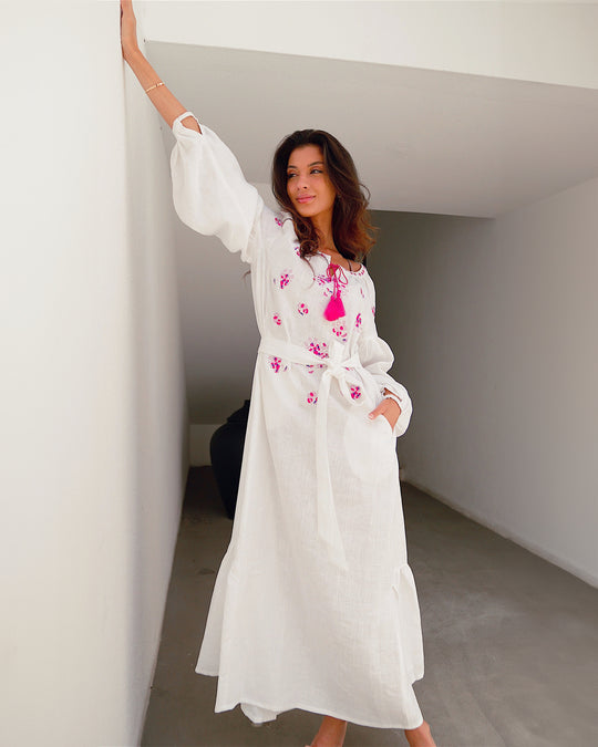 White Pink Floral Embroidered Linen Kaftan Maxi Dress