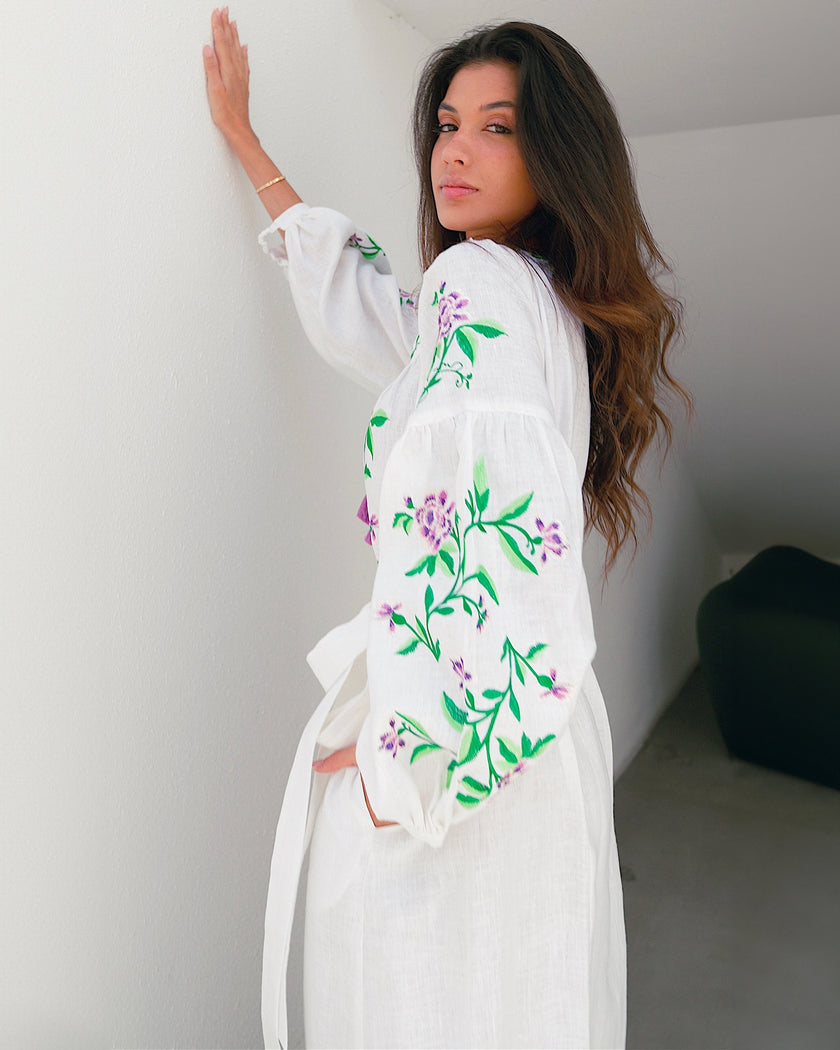 White Embroidered Linen Maxi Dress | ZALXNDRA