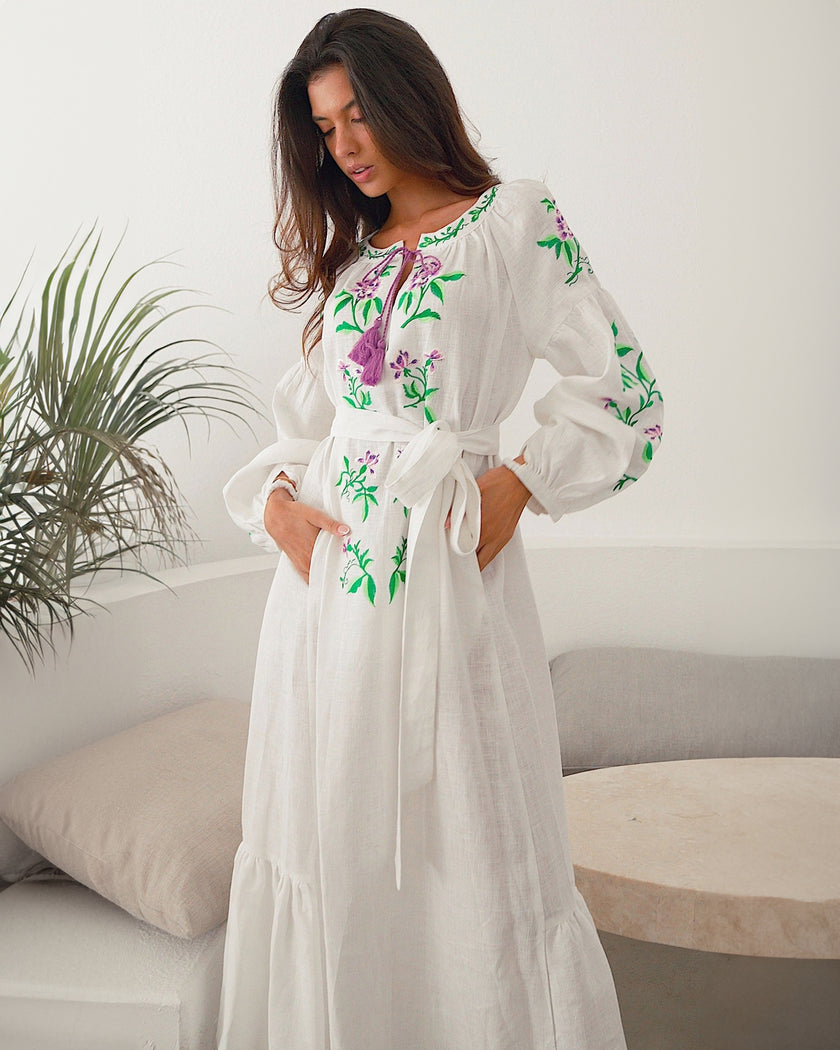 White Embroidered Linen Maxi Dress | ZALXNDRA