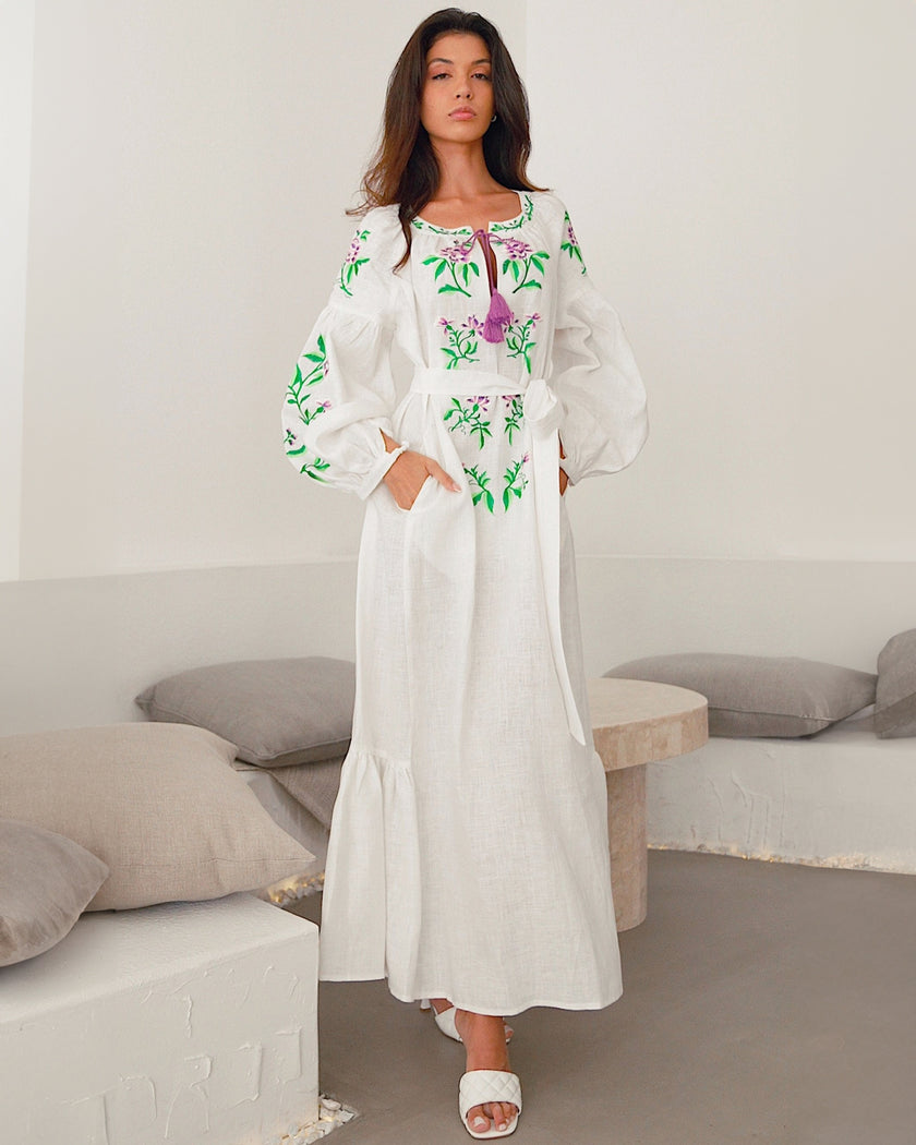 White Embroidered Linen Maxi Dress | ZALXNDRA