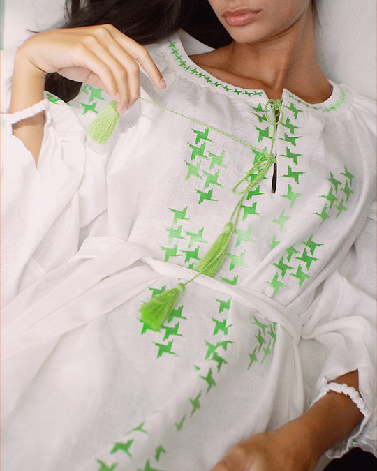 White Green Geometric Embroidered Linen Kaftan Maxi Dress