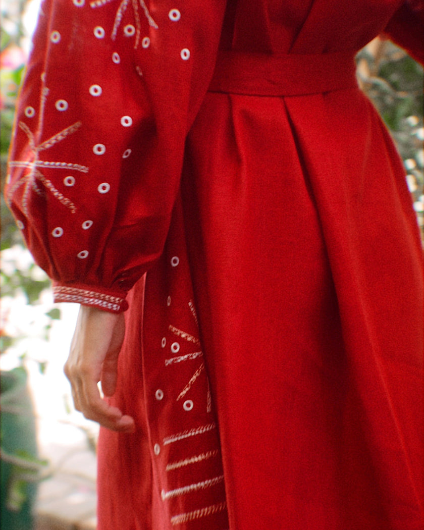 Cherry Red Embroidered Linen Maxi Dress | ZALXNDRA