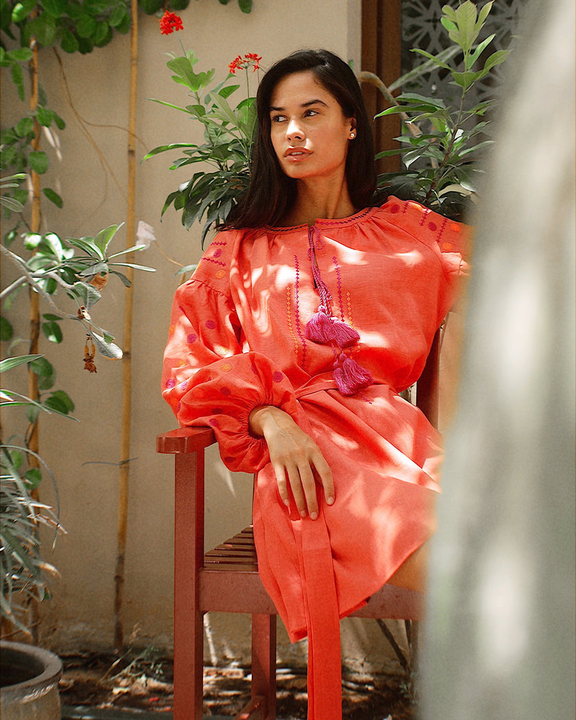 Coral Embroidered Linen Mini Dress | ZALXNDRA