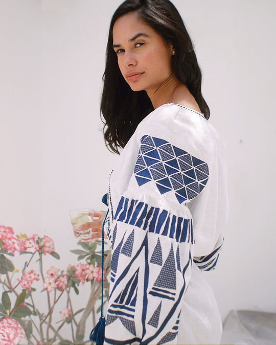 White Cobalt Blue Geometric Embroidered Linen Mini Kaftan Dress