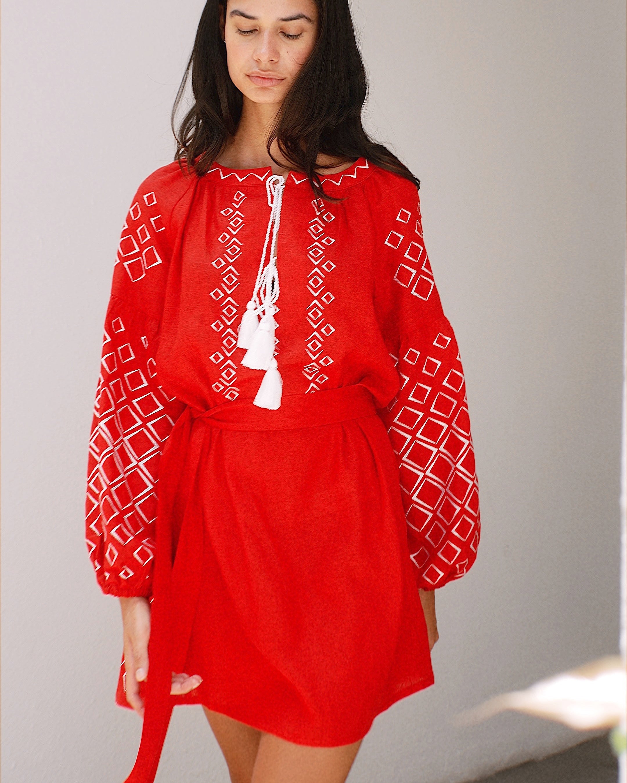 Scarlet Red Embroidered Linen Mini Dress | ZALXNDRA
