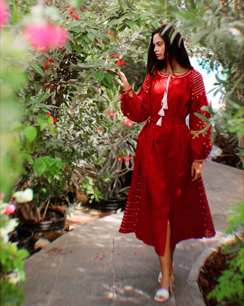 Cherry Red Embroidered Linen Maxi Dress | ZALXNDRA