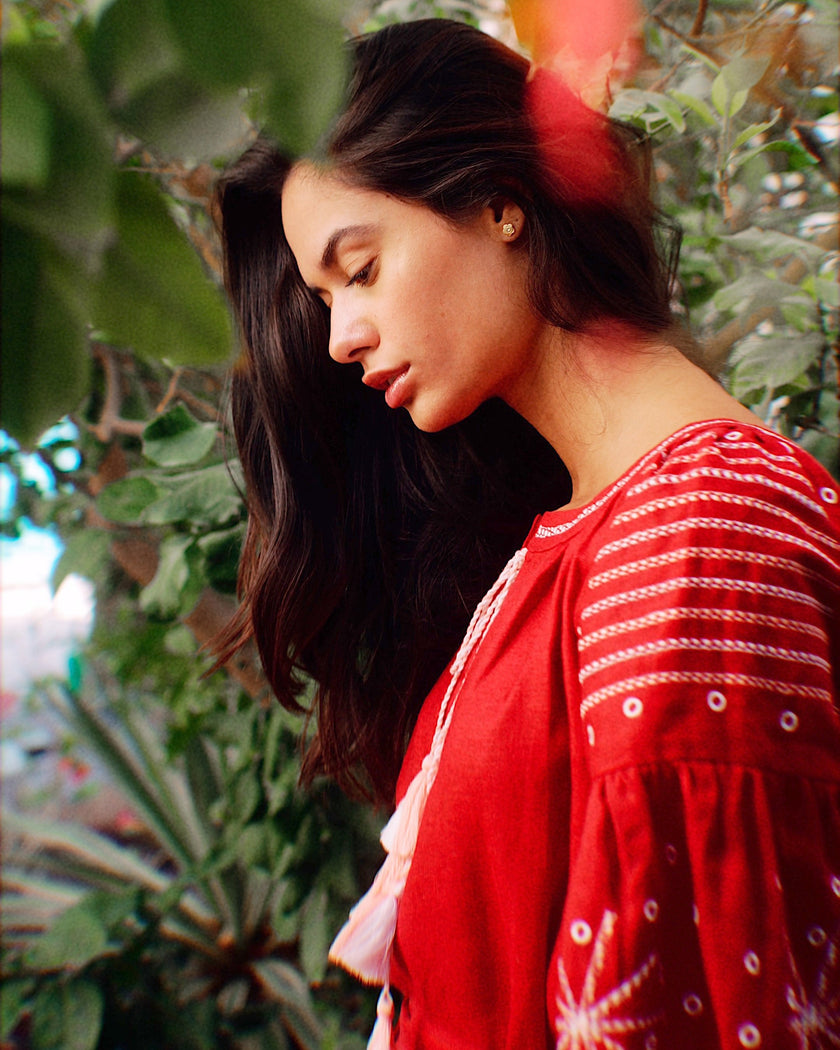 Cherry Red Embroidered Linen Maxi Dress | ZALXNDRA