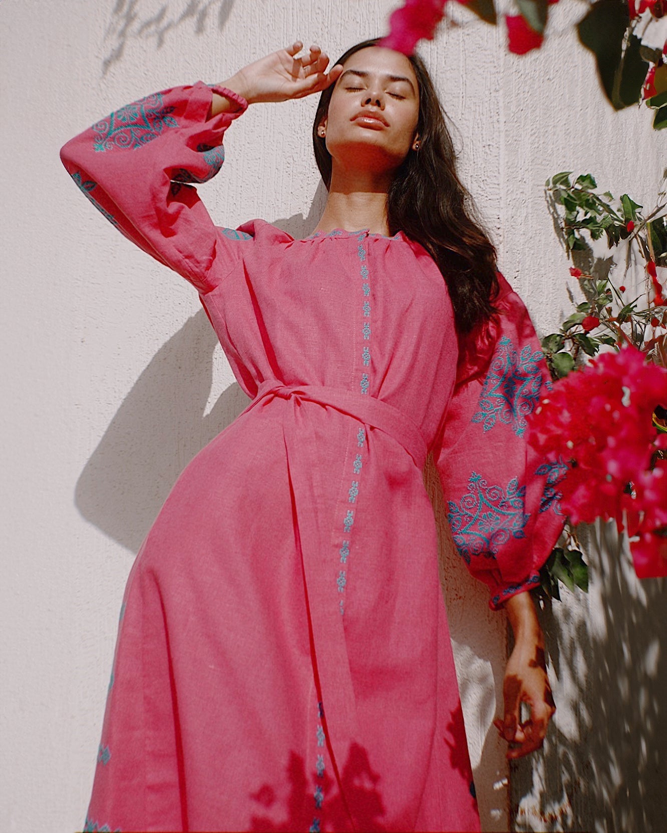 Fuchsia Hand Embroidered Linen Maxi Dress | ZALXNDRA