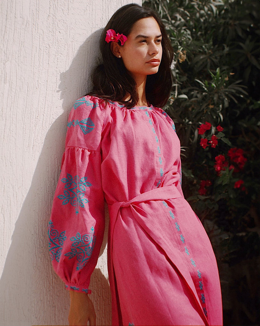 Fuchsia Hand Embroidered Linen Maxi Dress | ZALXNDRA