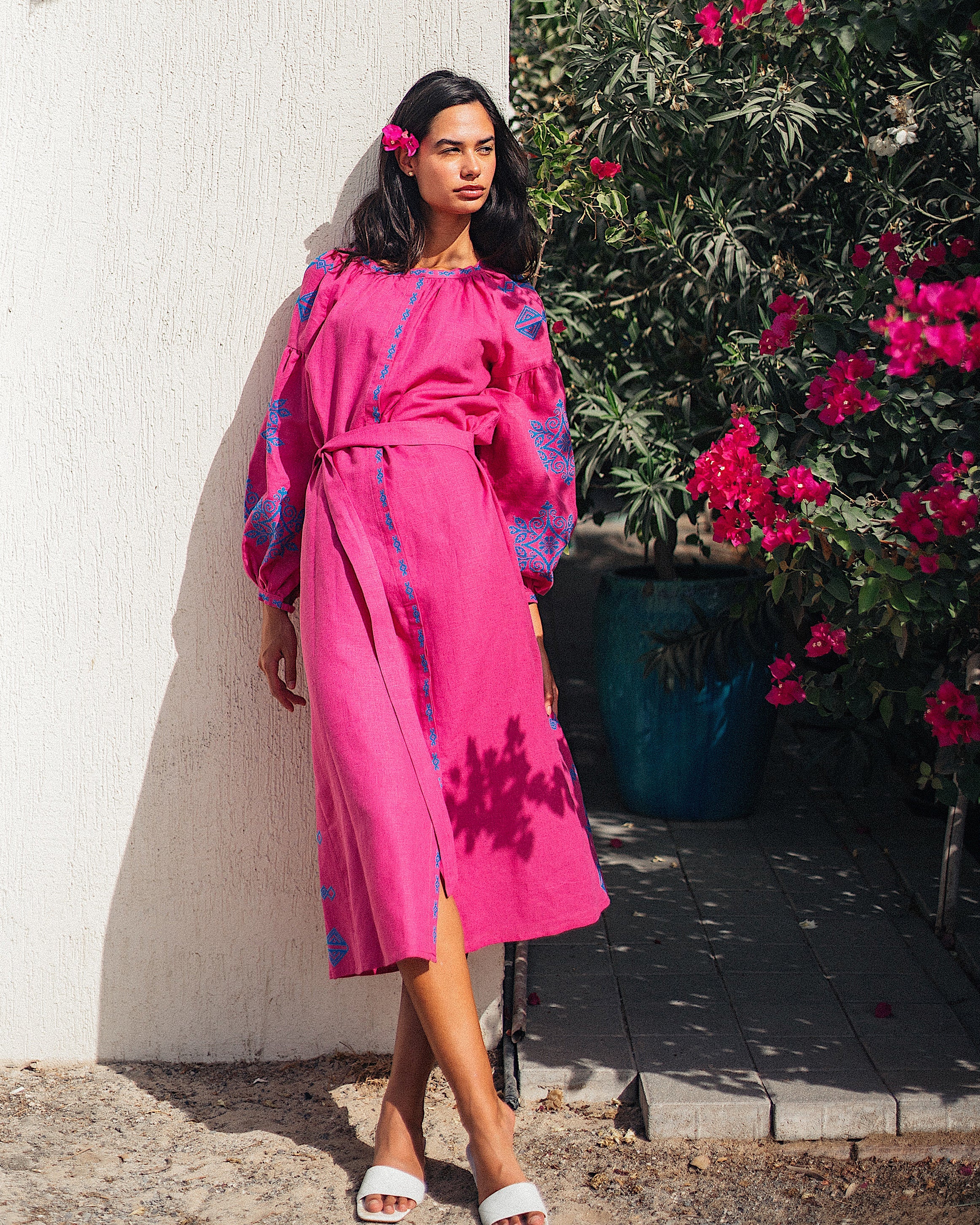 Fuchsia Hand Embroidered Linen Maxi Dress | ZALXNDRA