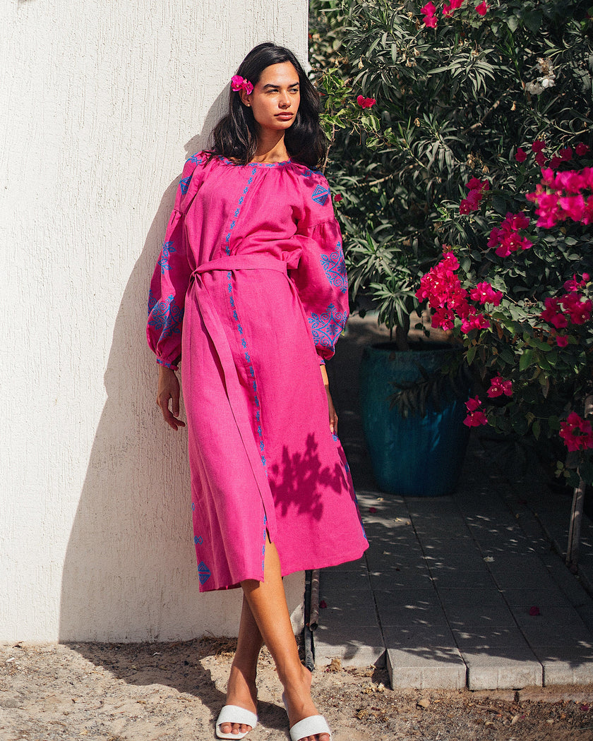 Fuchsia Hand Embroidered Linen Maxi Dress | ZALXNDRA