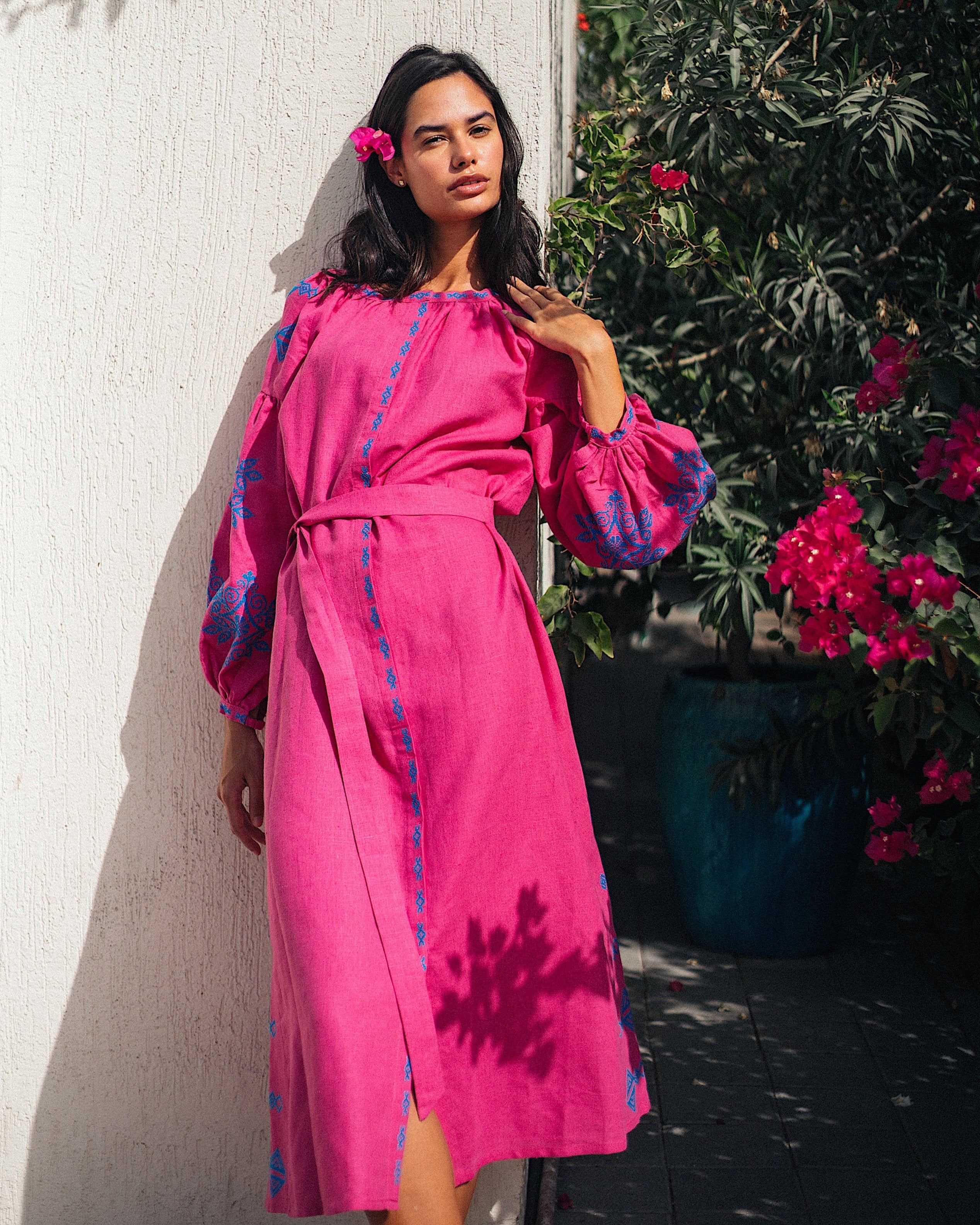 Fuchsia Hand Embroidered Linen Maxi Dress | ZALXNDRA