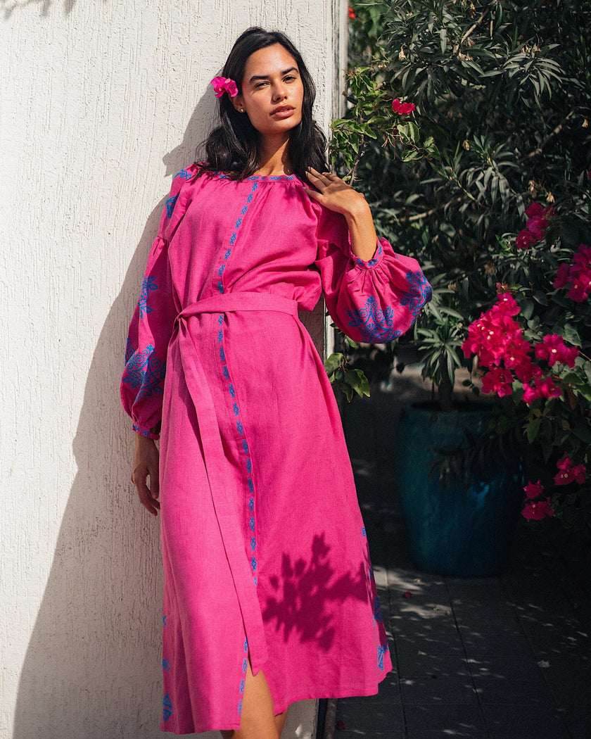 Fuchsia Hand Embroidered Linen Maxi Dress | ZALXNDRA