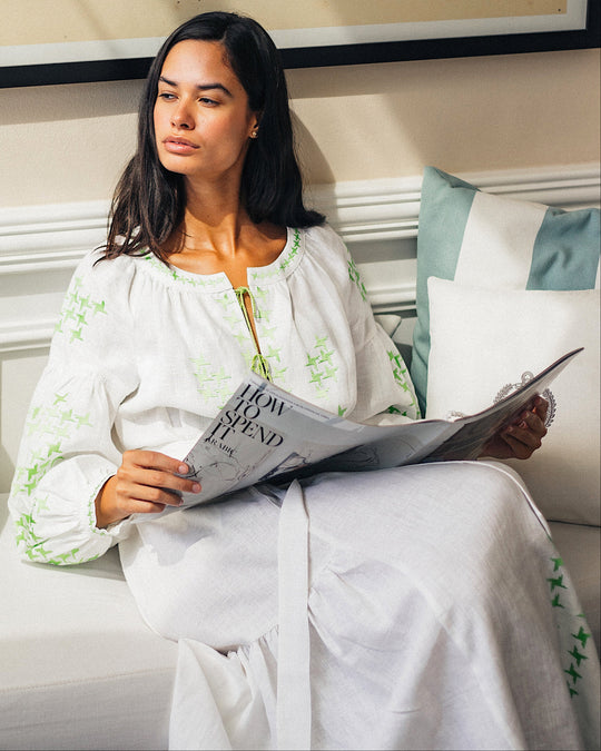 White Green Geometric Embroidered Linen Kaftan Maxi Dress