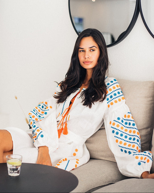 White Turquoise Orange Geometric Embroidered Linen Mini Kaftan Dress