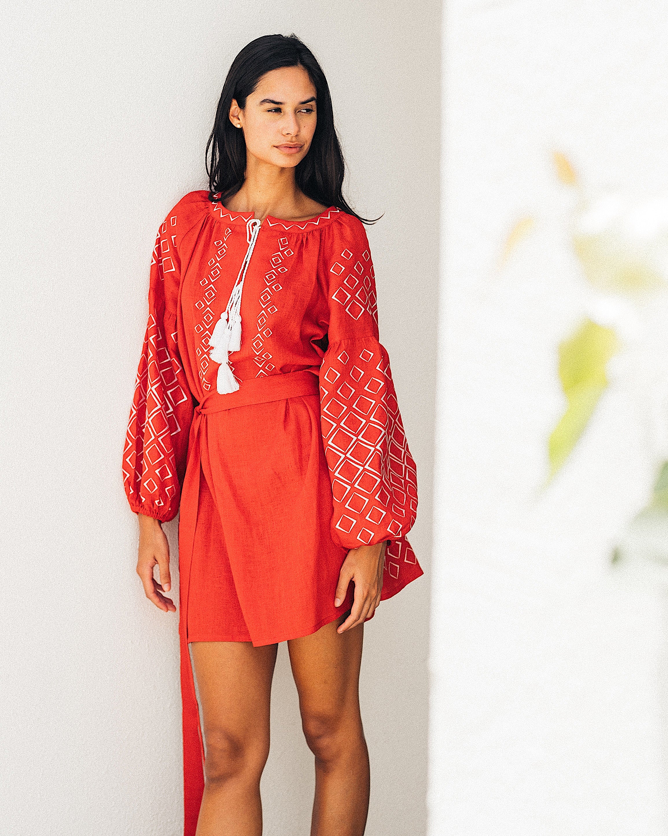Scarlet Red Embroidered Linen Mini Dress | ZALXNDRA