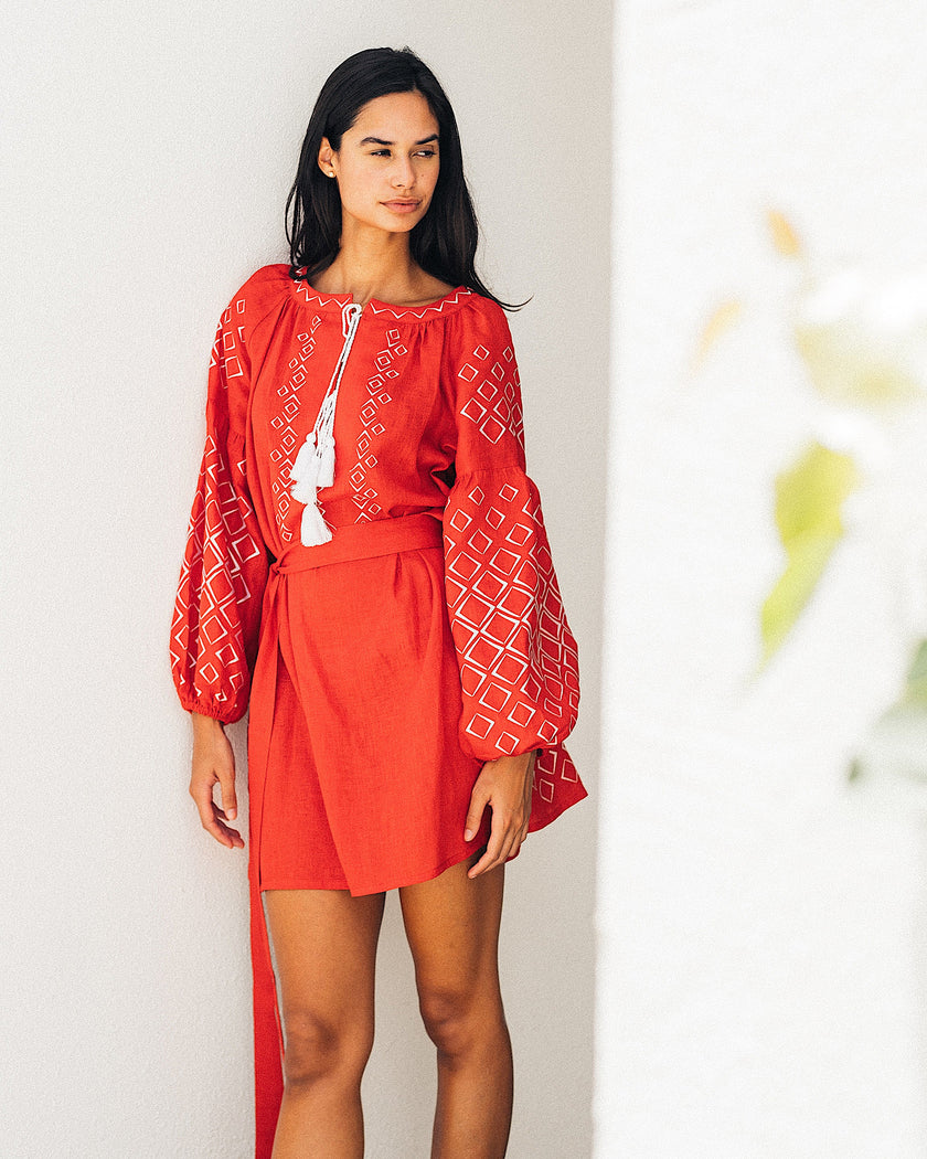 Scarlet Red Embroidered Linen Mini Dress | ZALXNDRA