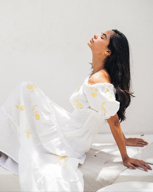 White Yellow Lemon Embroidered Linen Midi Dress