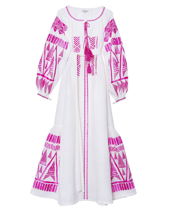 White Pink Geometric Embroidered Linen Kaftan Maxi Dress