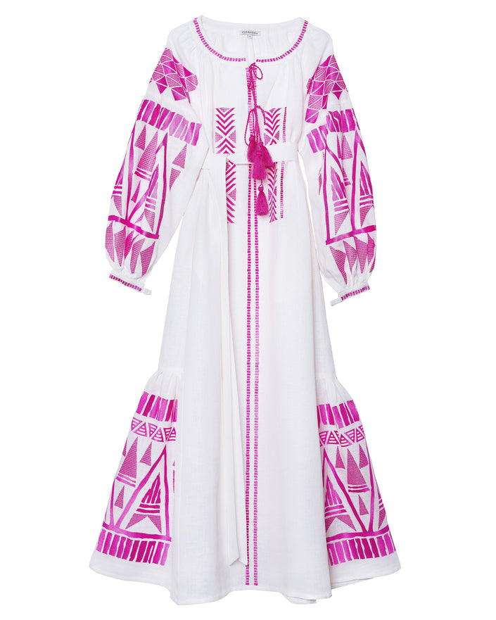 White Pink Geometric Embroidered Linen Kaftan Maxi Dress