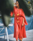 Coral Floral Embroidered Linen Kaftan Maxi Dress
