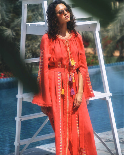Coral Floral Embroidered Linen Kaftan Maxi Dress