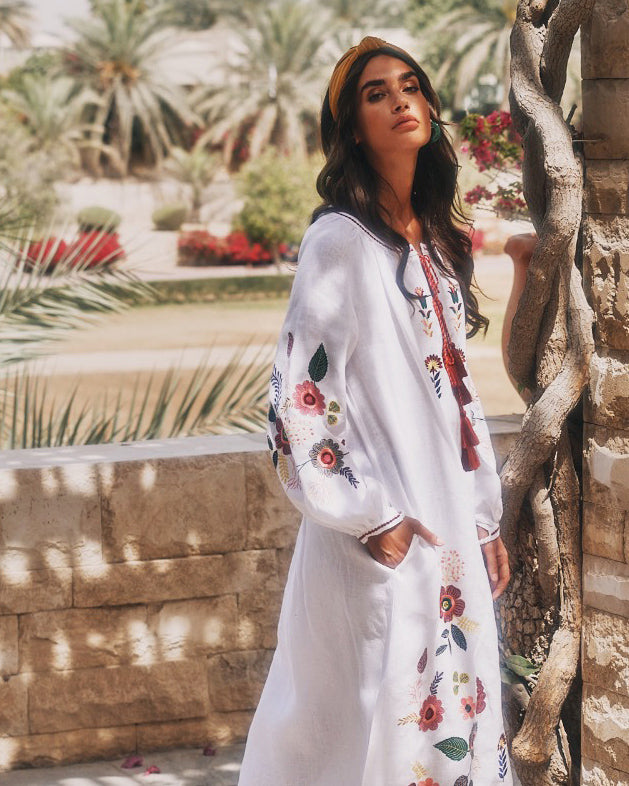 White Embroidered Linen Maxi Dress | ZALXNDRA