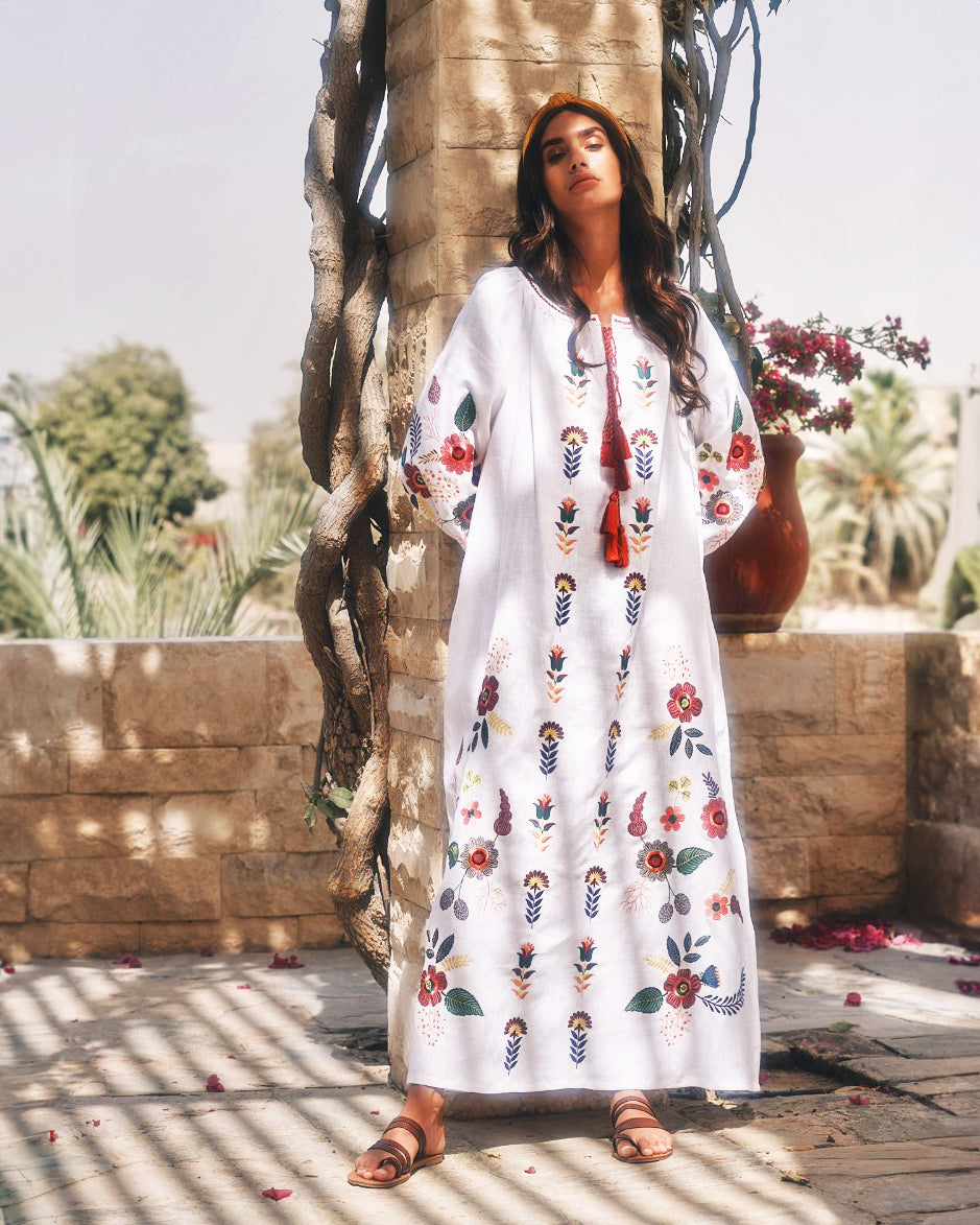 White Embroidered Linen Maxi Dress | ZALXNDRA