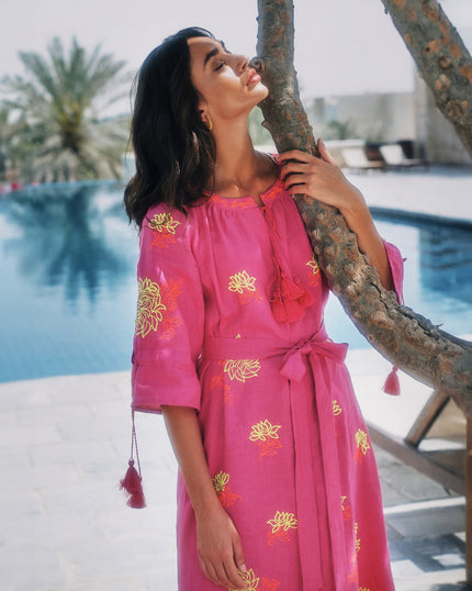 Fuchsia Embroidered Linen Maxi Dress | ZALXNDRA