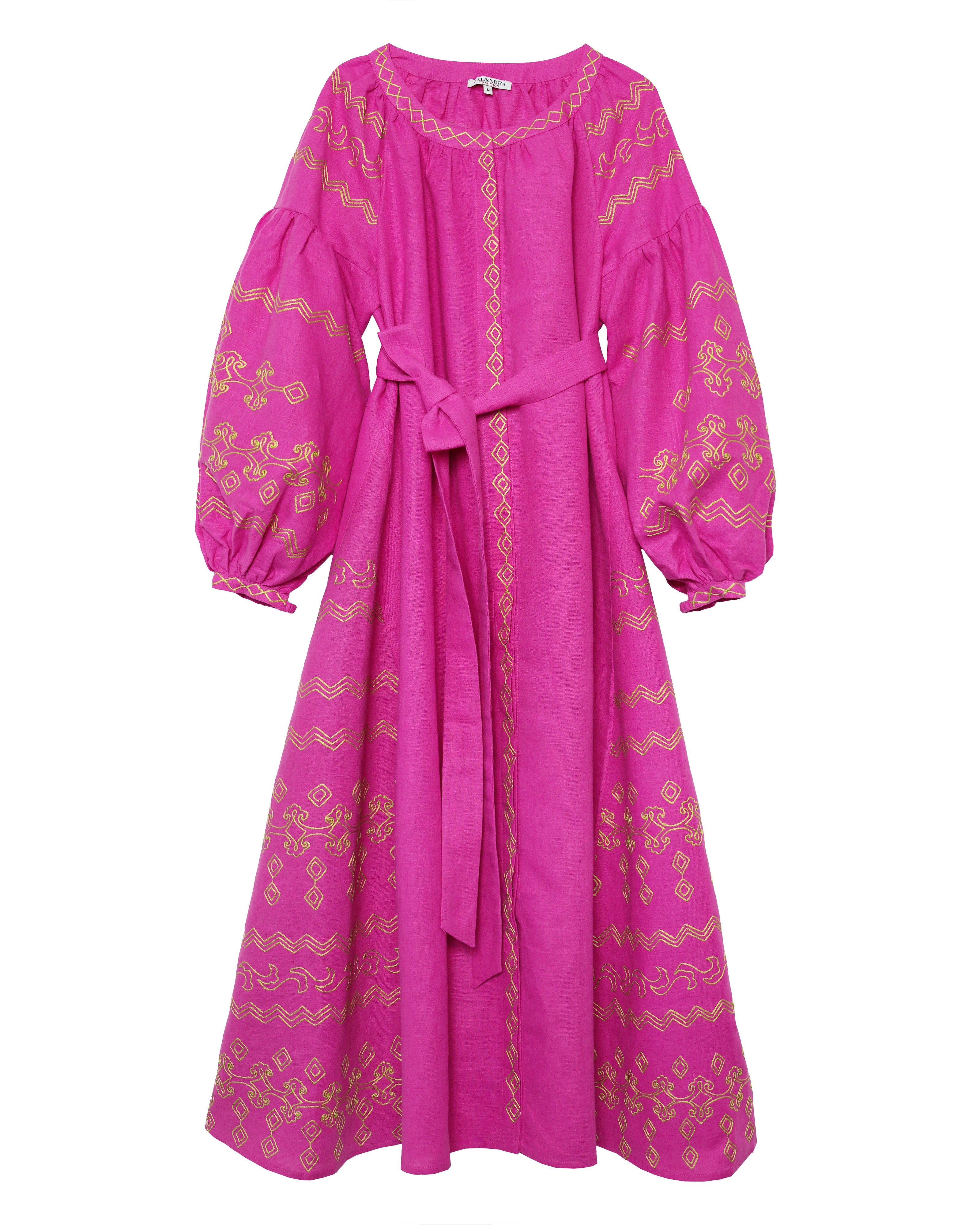 Fuchsia Hand Embroidered Linen Maxi Dress | ZALXNDRA