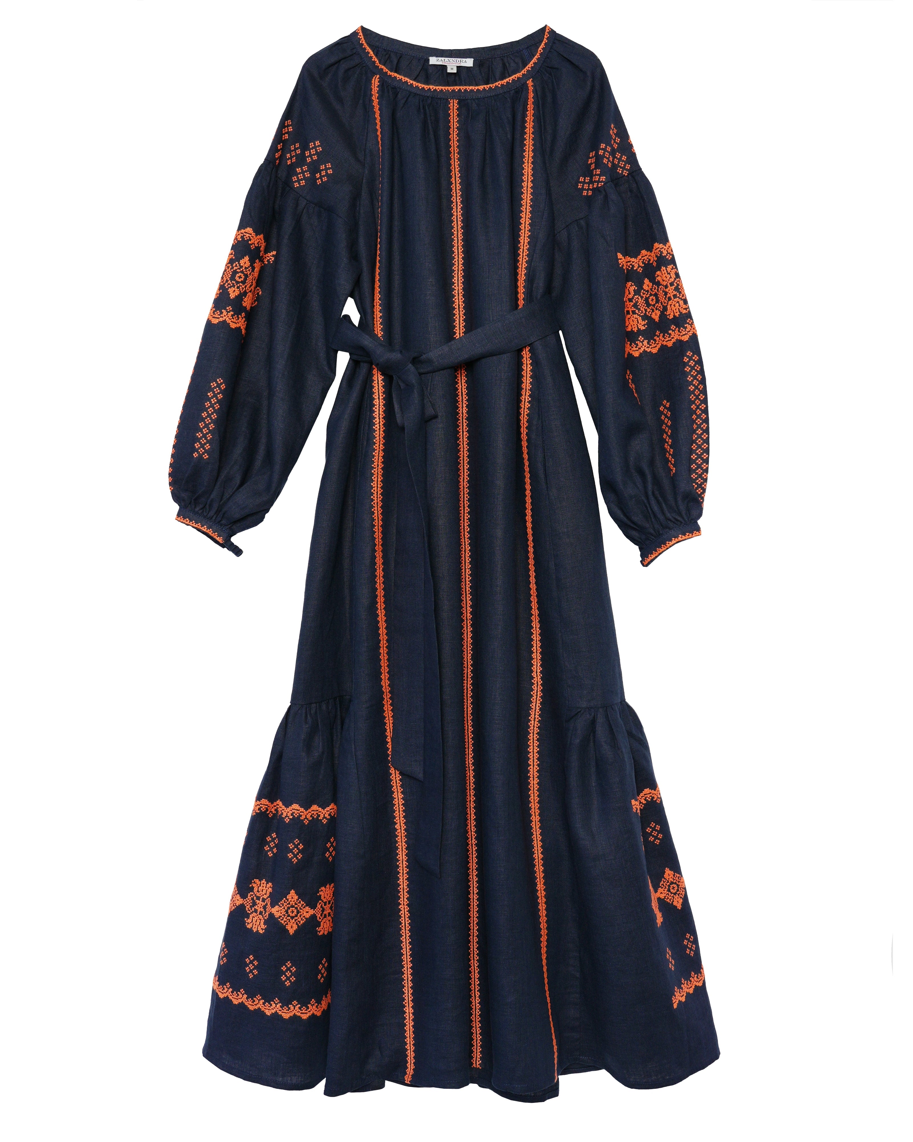 Rhapsody Blue Hand Embroidered Linen Maxi Dress | ZALXNDRA