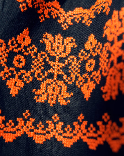 Rhapsody Blue Embroidered Linen Long Dress – Balloon Sleeves