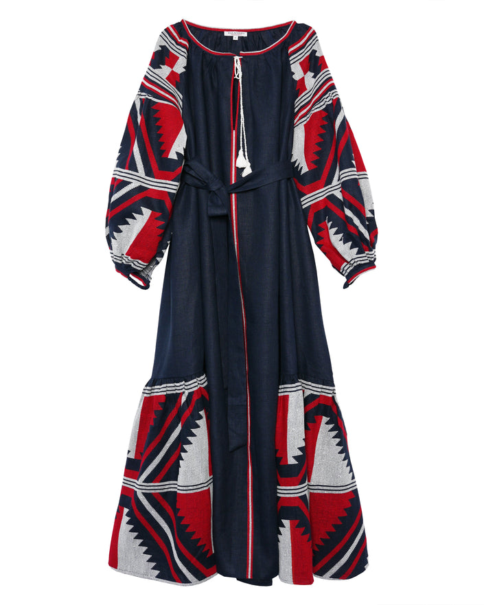 Navy Red White Hand-Embroidered Cross-Stitch Linen Kaftan Maxi Dress