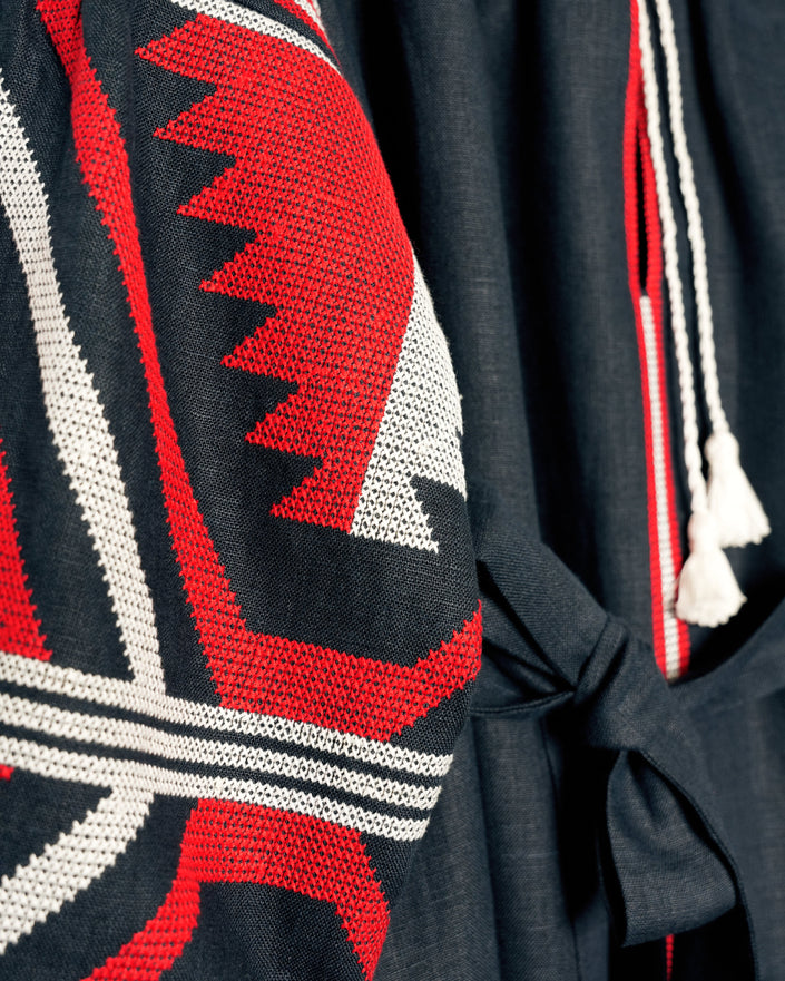 Navy Red White Hand-Embroidered Cross-Stitch Linen Kaftan Maxi Dress