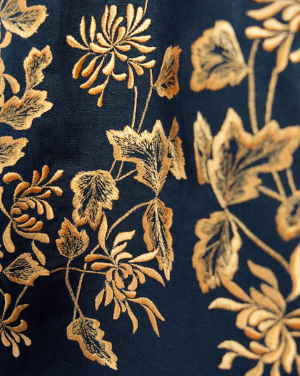 Rhapsody Blue Embroidered Linen Long Dress – Balloon Sleeves