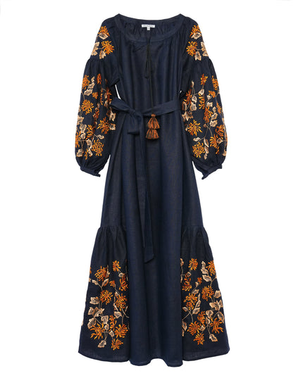 Rhapsody Blue Embroidered Linen Long Dress – Balloon Sleeves