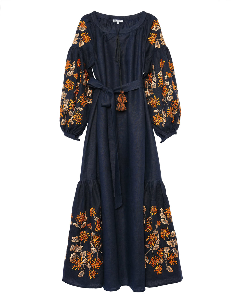 Rhapsody Blue Embroidered Linen Maxi Dress | ZALXNDRA