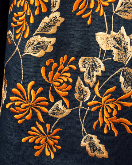 Rhapsody Blue Embroidered Linen Long Dress – Balloon Sleeves