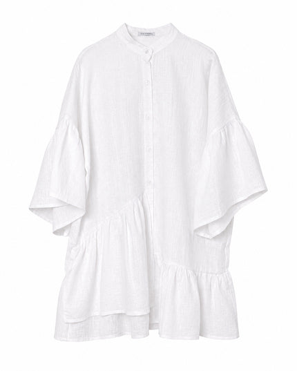 White Asymmetric Ruffled Linen Mini Shirt Dress