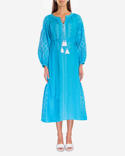 Turquoise Embroidered Linen Maxi Dress | ZALXNDRA