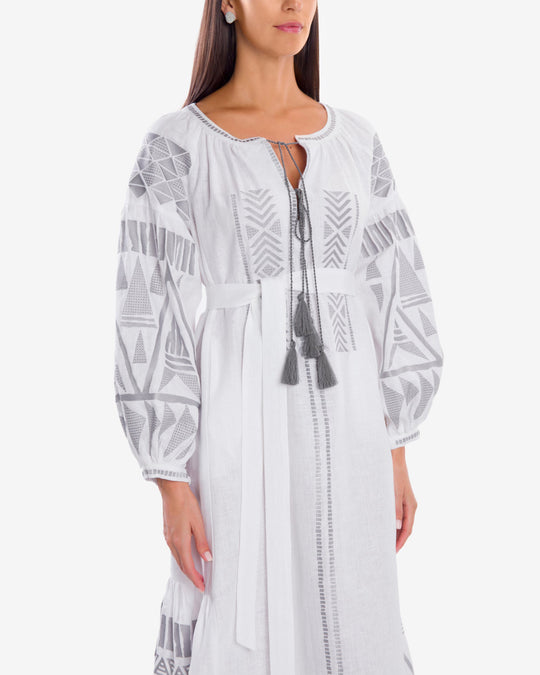 White Grey Geometric Embroidered Linen Kaftan Maxi Dress