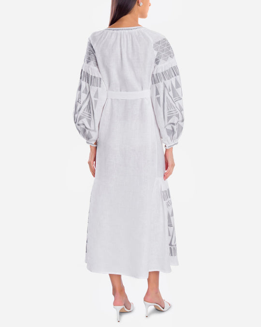 White Grey Geometric Embroidered Linen Kaftan Maxi Dress