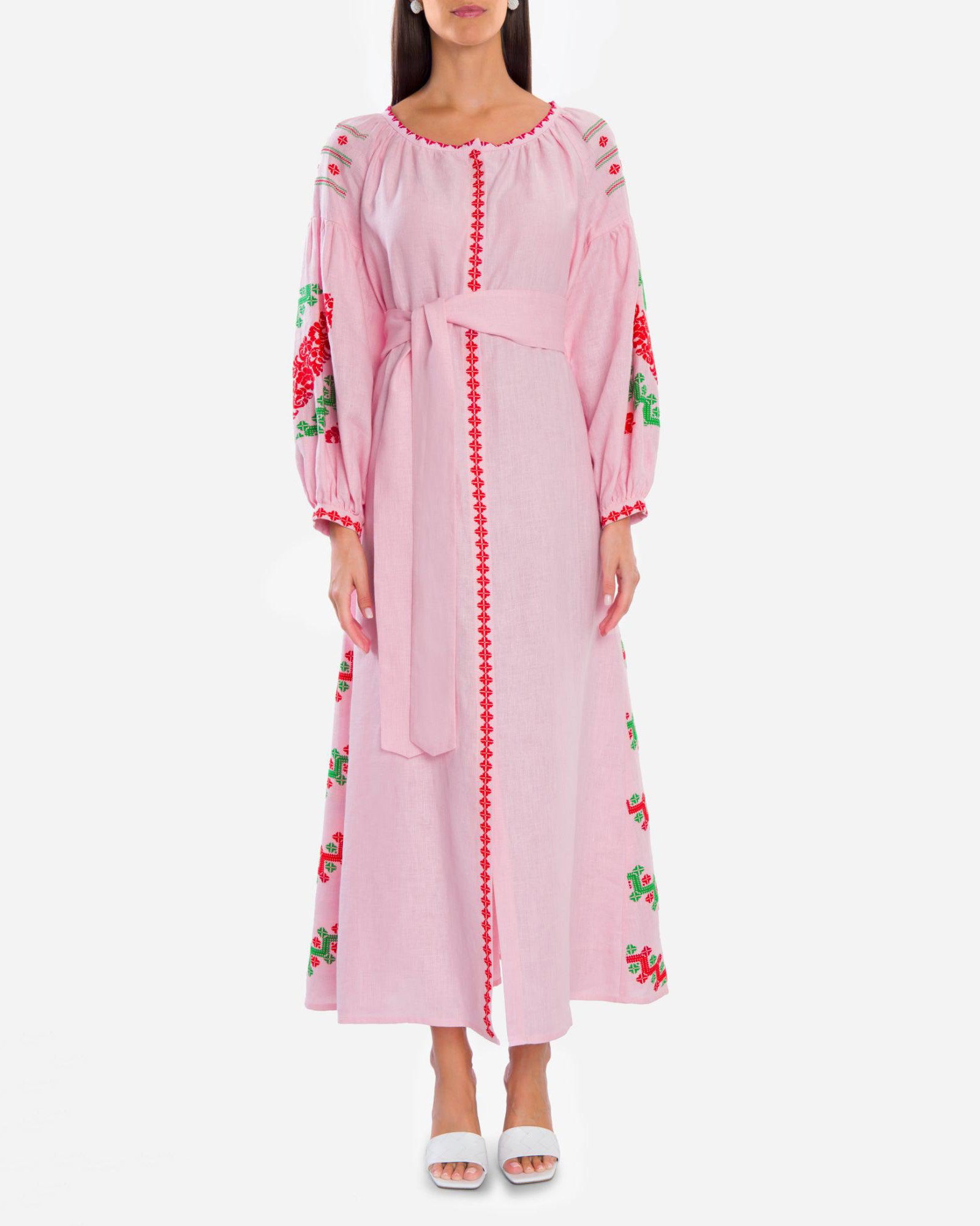 Light Pink Hand Embroidered Linen Maxi Dress | ZALXNDRA